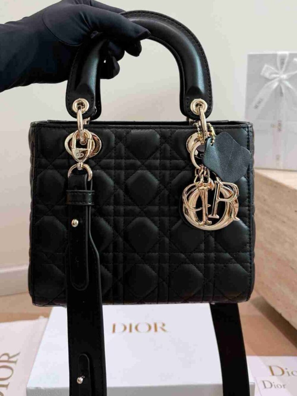 Christian Dior Lady Dior Mini Black Cannage Lambskin Bag with Bow